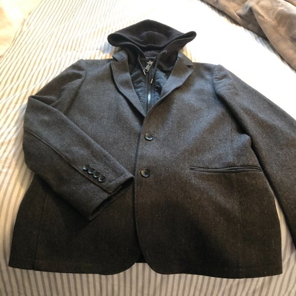 Calvin Klein Charcoal Wool Layered Hoodie Car Coat Overcoat Zip Closure - Picture 11 of 13